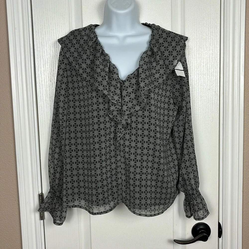 Ann Taylor LOFT Semi Sheer‎ Long Sleeve Ruffled Collar V-Neck Blouse Top SP